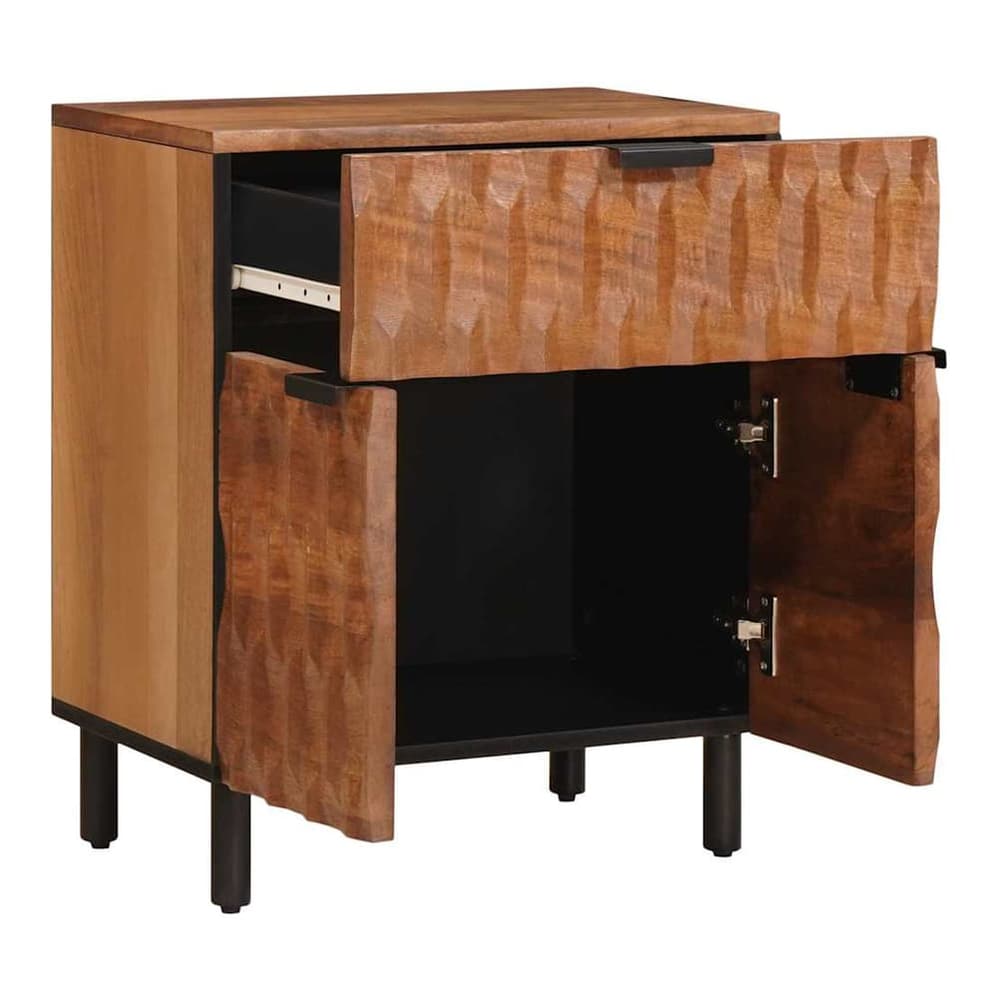 The bedside table with one drawer open and cupboard doors ajar