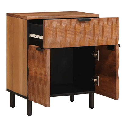 The bedside table with one drawer open and cupboard doors ajar