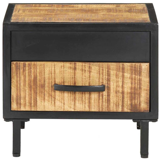 The bedside table has a rough mango wood drawer front and a black metal casing