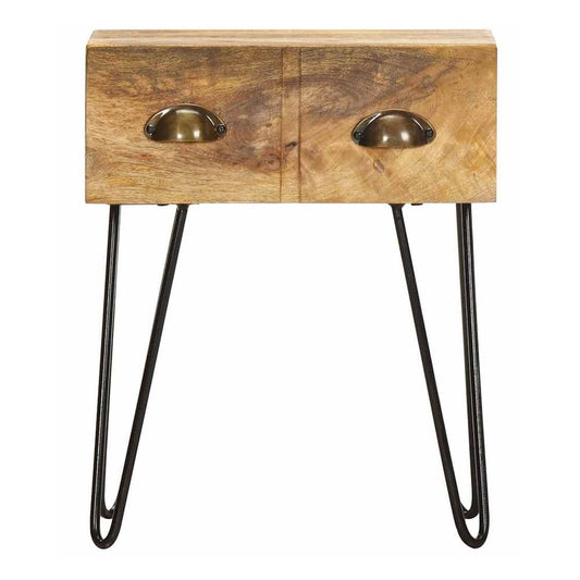 The bedside cabinet has a natural wood finish and two brass cup handles