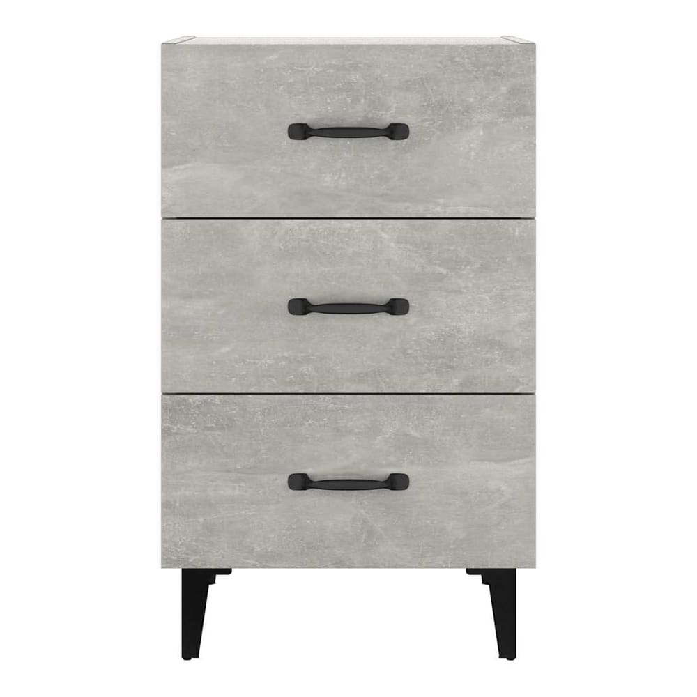 This bedside cabinet has a concrete grey finish and three drawers