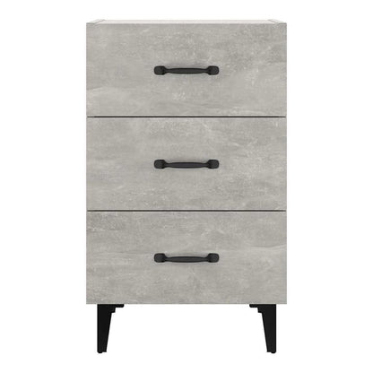 This bedside cabinet has a concrete grey finish and three drawers