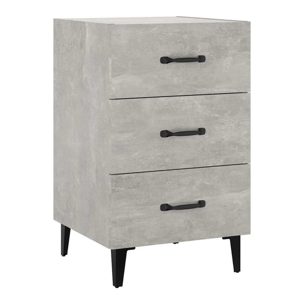 The bedside table has a concrete grey finish and three drawers with black handles