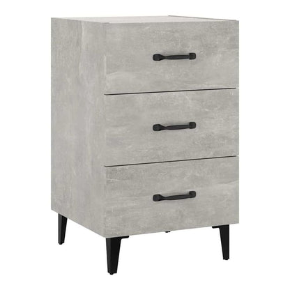 The bedside table has a concrete grey finish and three drawers with black handles