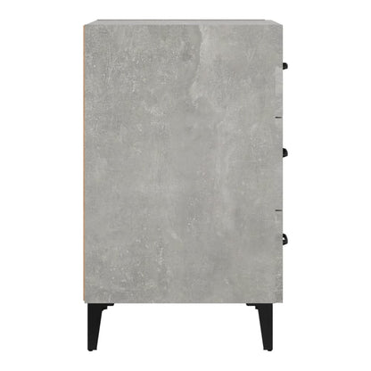 The side of the bedside cabinet shows its concrete grey finish and black legs