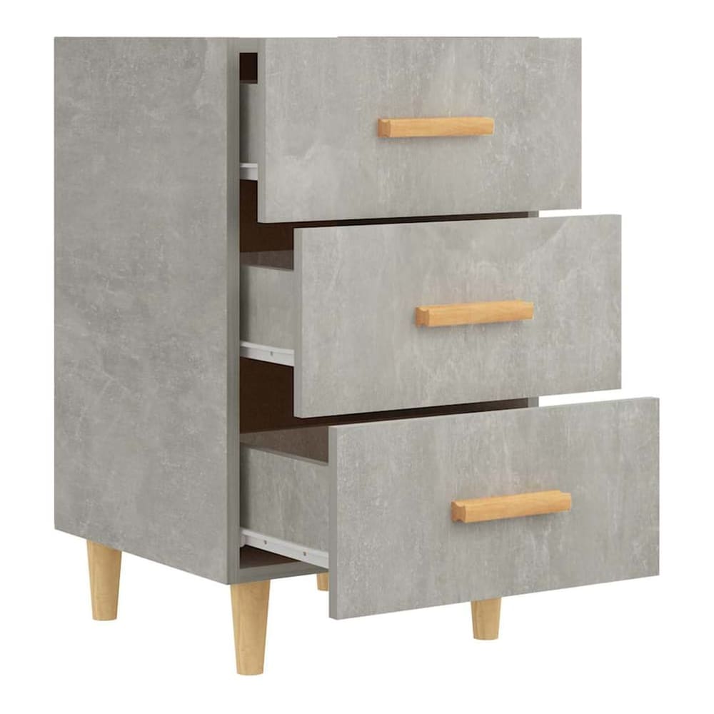 Bedside cabinet with three drawers open showing the inside storage space