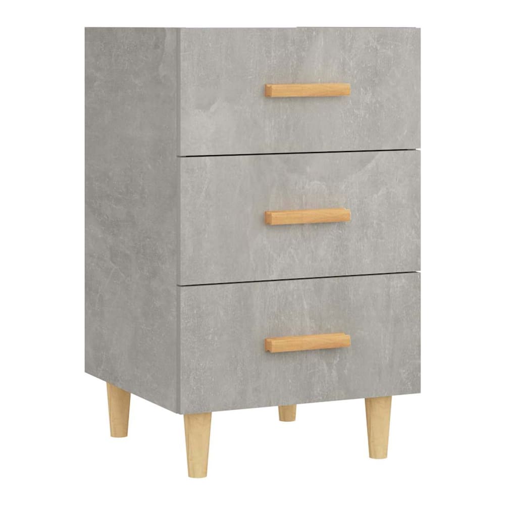 Bedside cabinet with concrete grey finish and three drawers with wooden handles