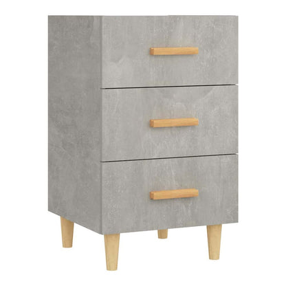 Bedside cabinet with concrete grey finish and three drawers with wooden handles