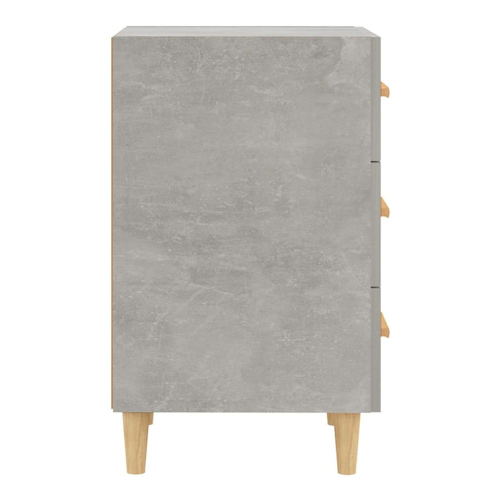 Side view of a concrete grey bedside cabinet with wooden legs and handles