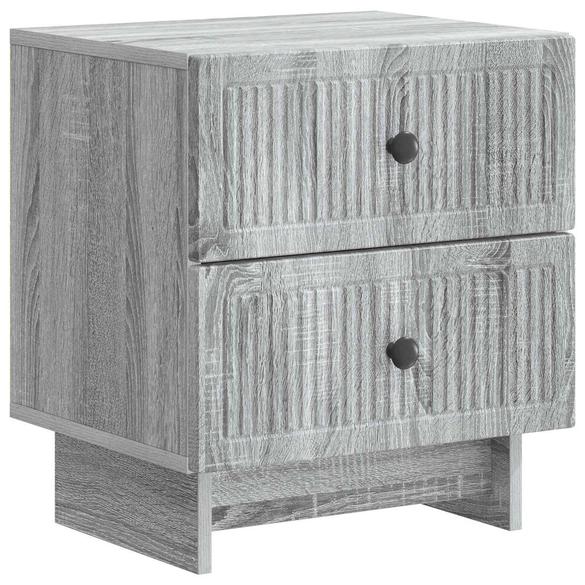The bedside table with two drawers and textured front panels on a white background