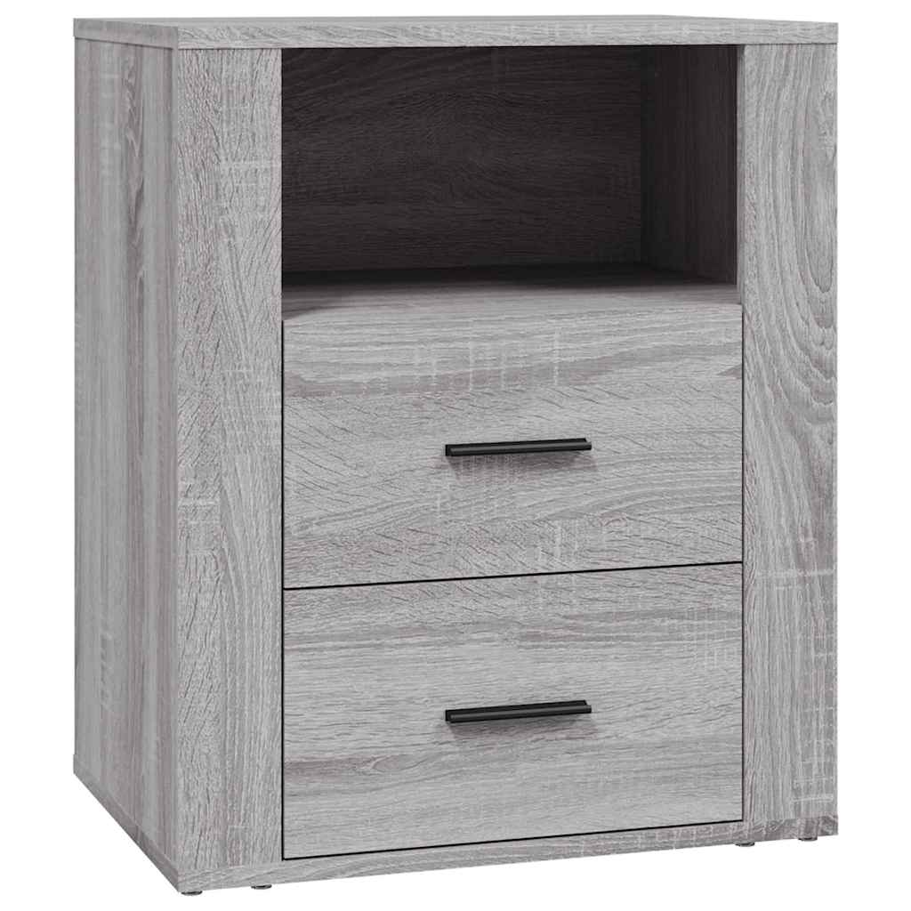 The grey bedside table with a wood grain effect and two drawers