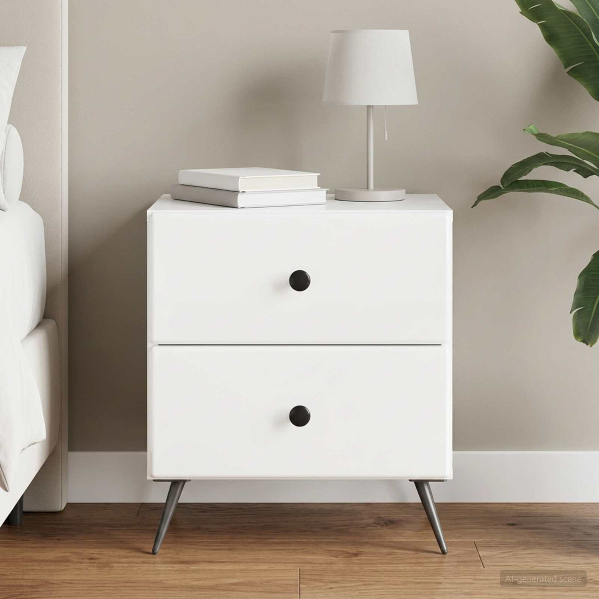 vidaXL Bedside Cabinet High Gloss White with two drawers and black knobs, shown in a bedroom setting