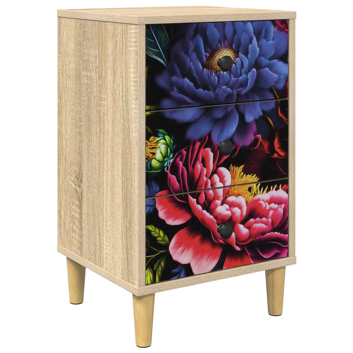 This bedside table has a floral design on the drawers and a wood effect frame