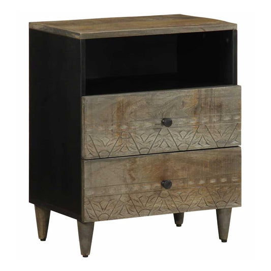 vidaXL Bedside Cabinet Light Grey Solid Wood Mango shown from a front angle with two closed drawers