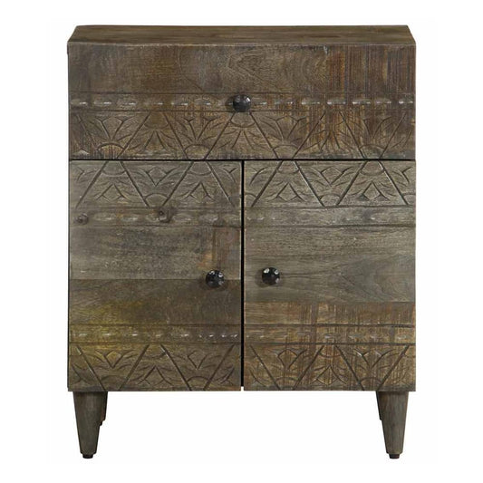 The bedside table with a drawer and two doors viewed directly from the front