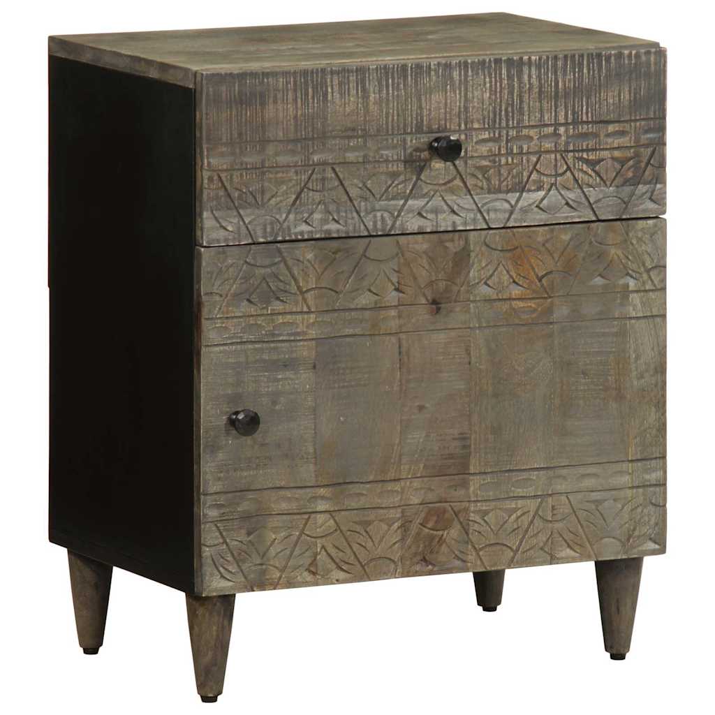 vidaXL Bedside Cabinet Light Grey Solid Wood Mango with carved detailing on the drawer and door