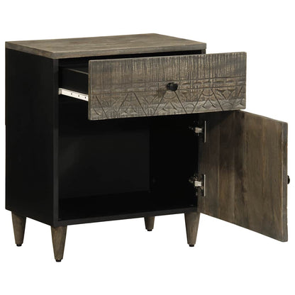 The light grey bedside table with its drawer and cupboard door open