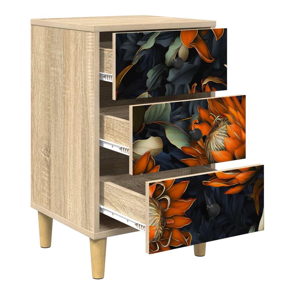 bedside cabinet with all three drawers open showing storage space