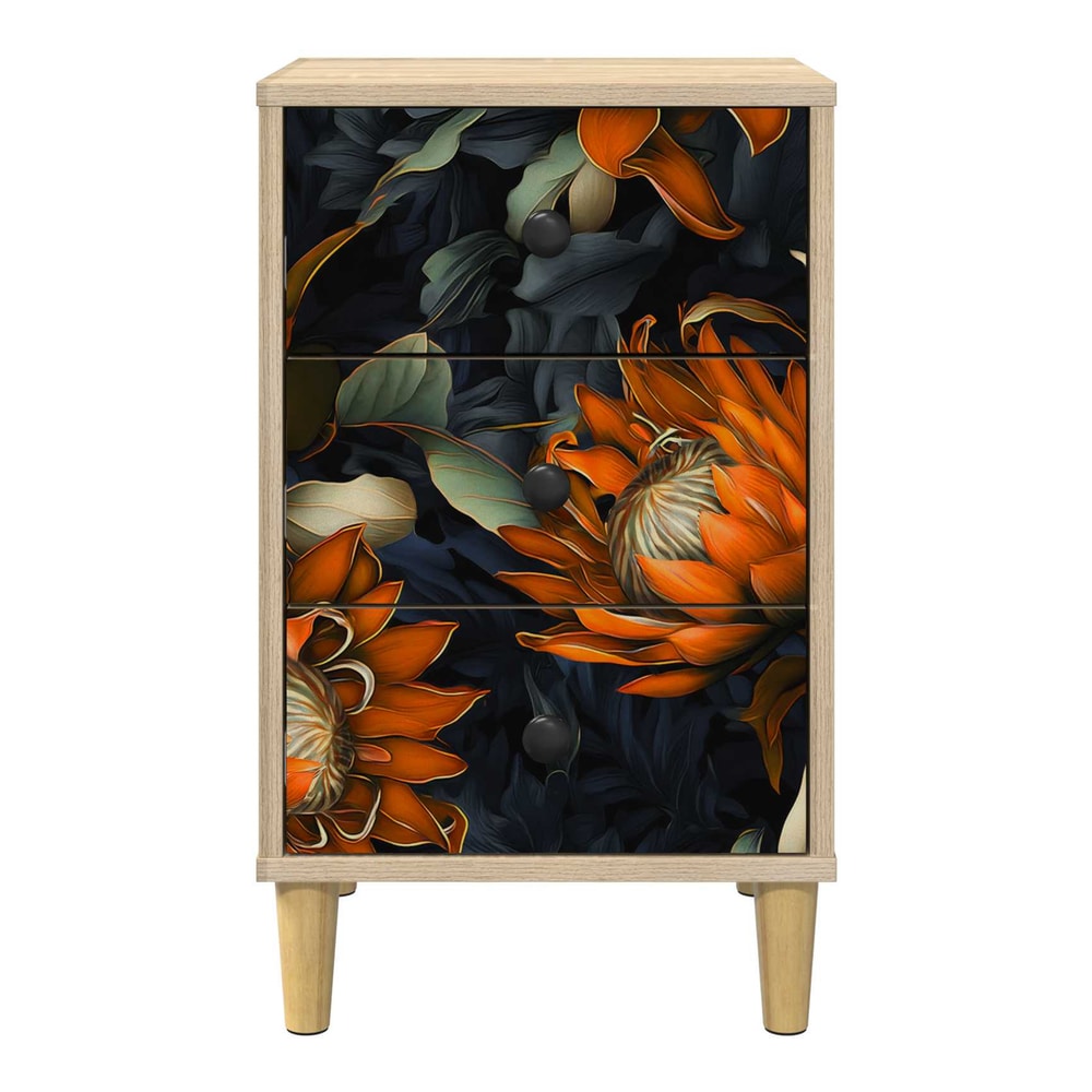 bedside cabinet with floral drawers and wooden legs, front view