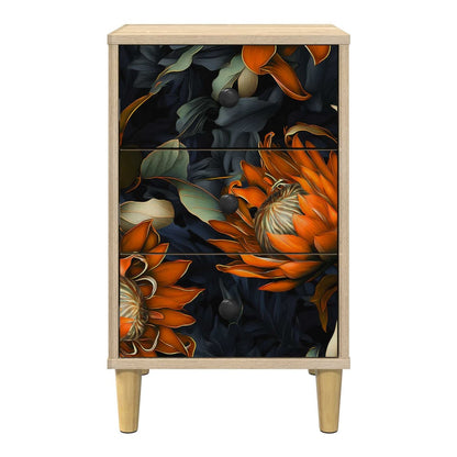 bedside cabinet with floral drawers and wooden legs, front view