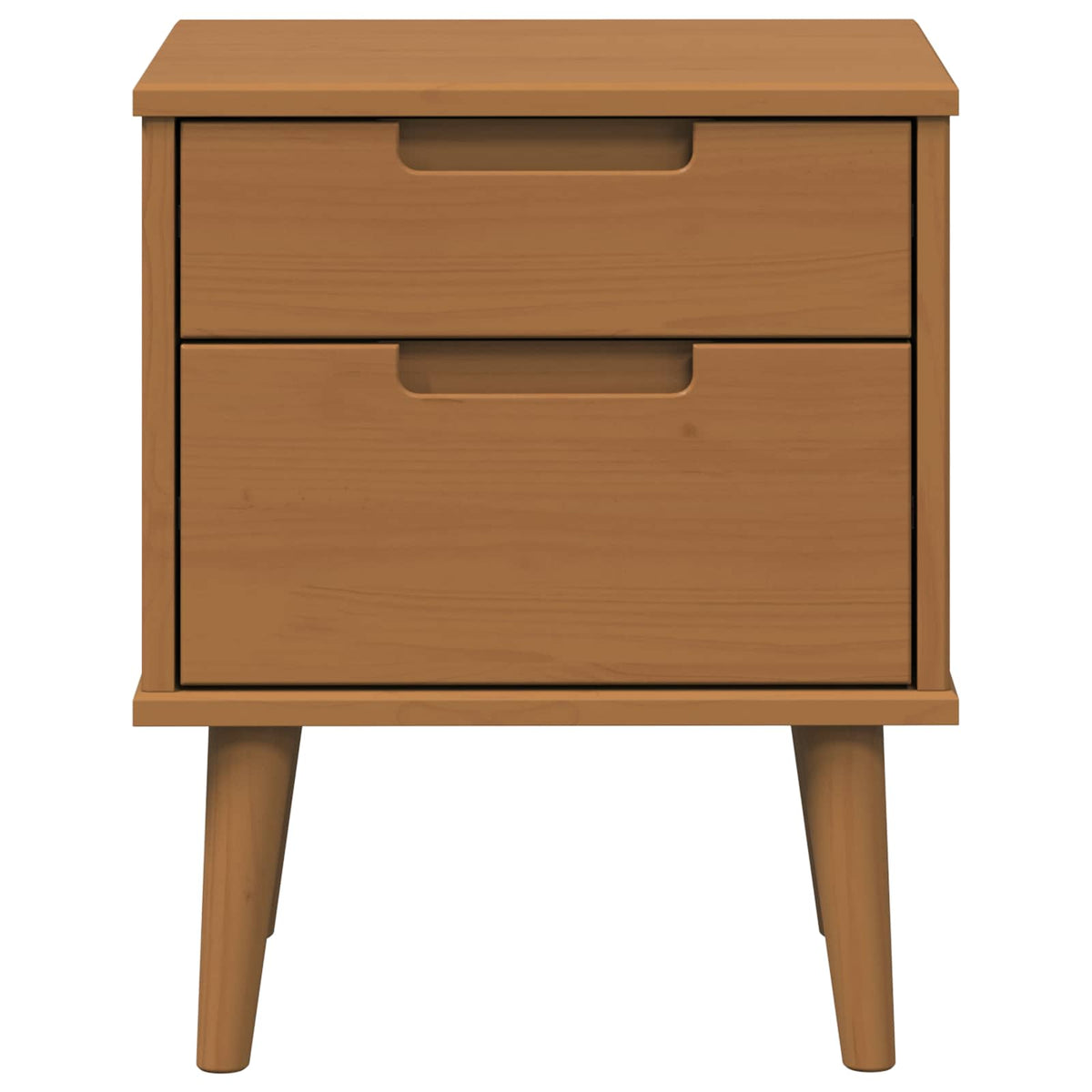 A front view of the caramel bedside cabinet with two drawers