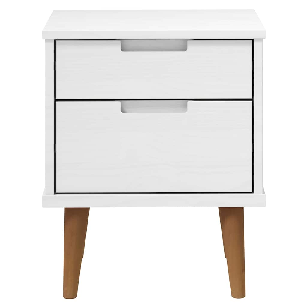 White pine bedside cabinet with two drawers and angled wooden legs