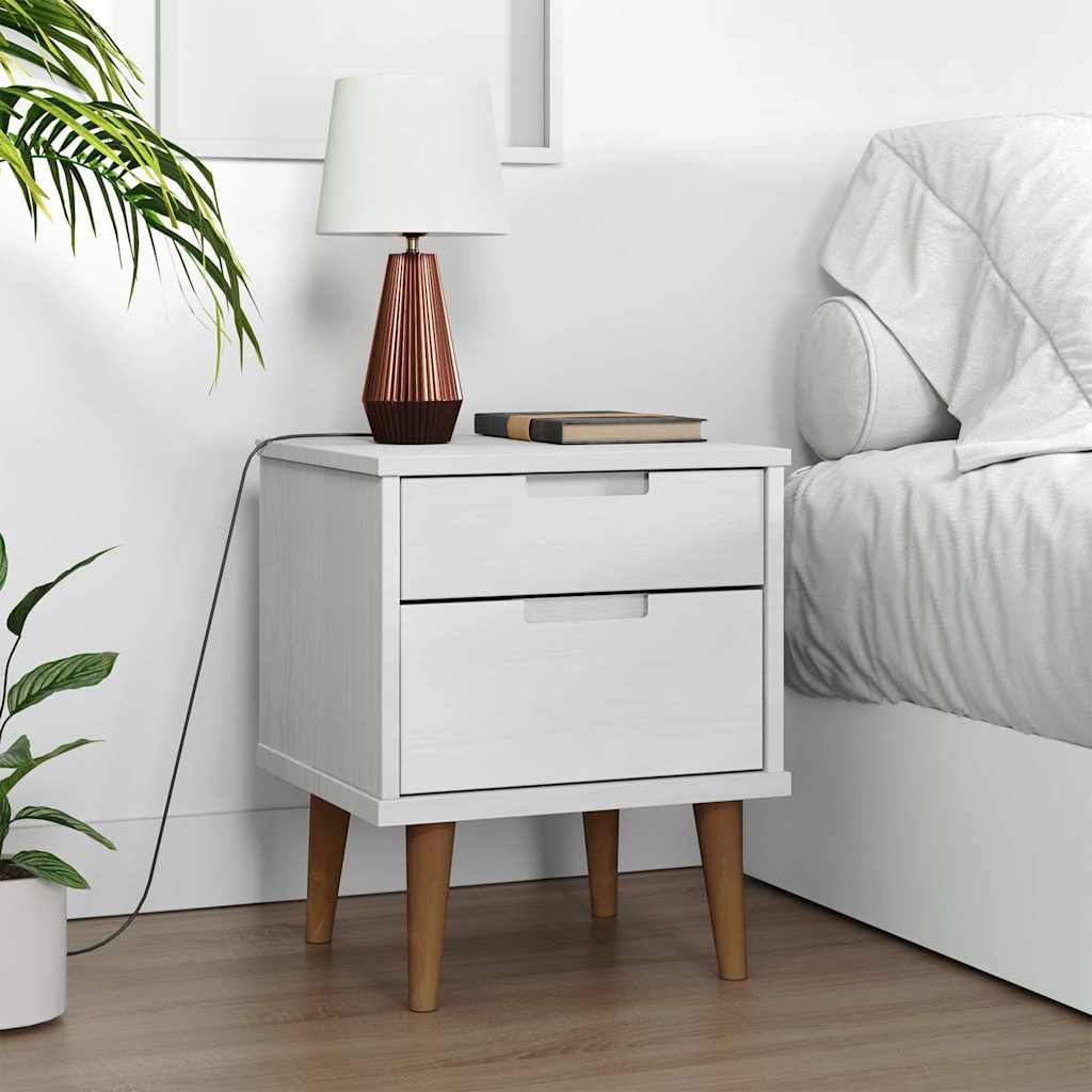 vidaXL Bedside Cabinet "MOLDE" White Solid Wood Pine next to a bed with a lamp and plant