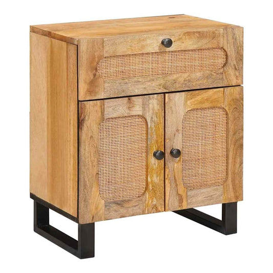 vidaXL Bedside Cabinet Natural Solid Mango Wood with cane detailing and black legs