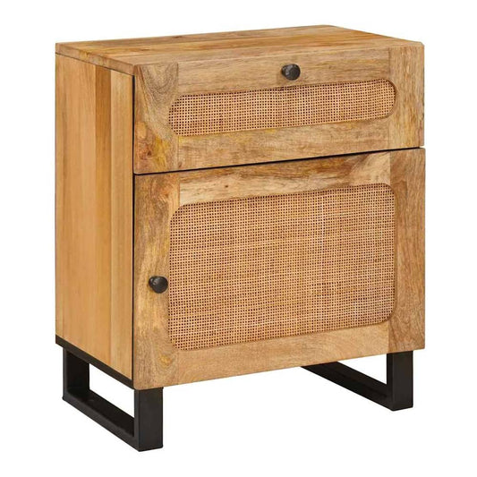 vidaXL Bedside Cabinet Natural Solid Mango Wood, front view with one drawer and one door