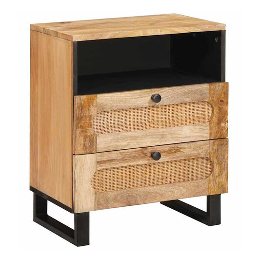 vidaXL Bedside Cabinet Natural Solid Mango Wood with two drawers and an open shelf