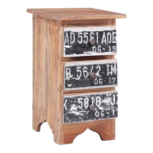 Bedside Cabinet Solid Mahogany Wood with three drawers decorated with license plates
