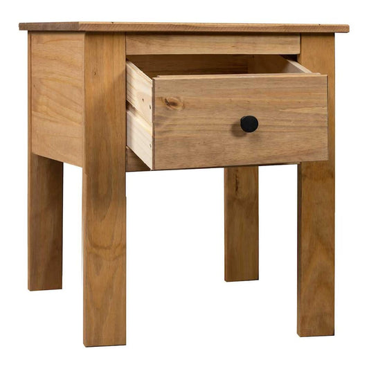 The bedside table with its drawer pulled out to show the interior space