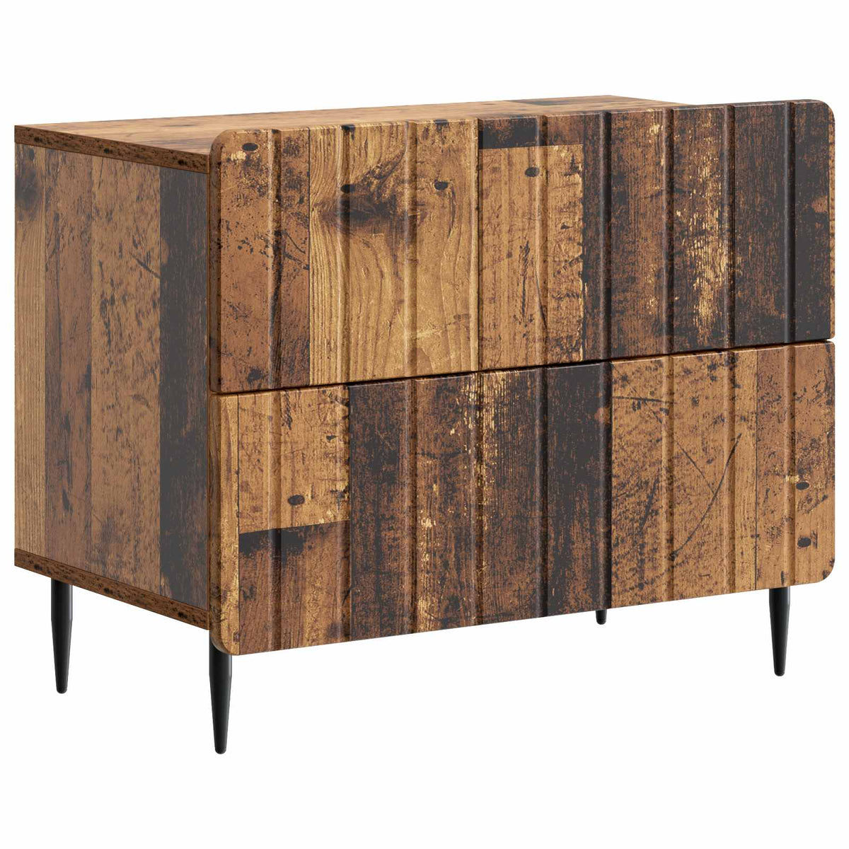 The bedside table featuring a rustic wood effect finish and slim black metal legs