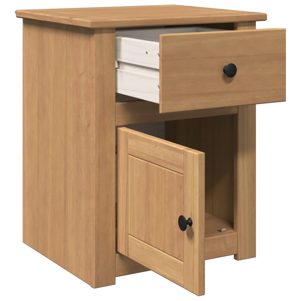 The bedside table with the drawer pulled out and the cupboard door slightly ajar