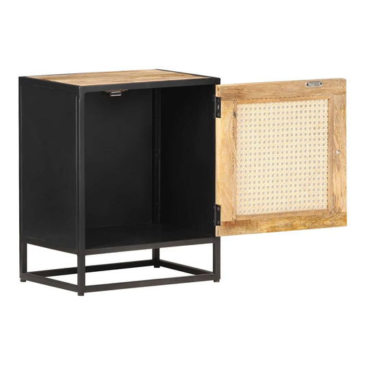 The bedside table with its wooden door open to reveal the empty interior
