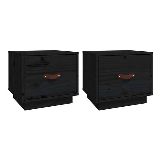 Two black bedside cabinets with brown leather handles
