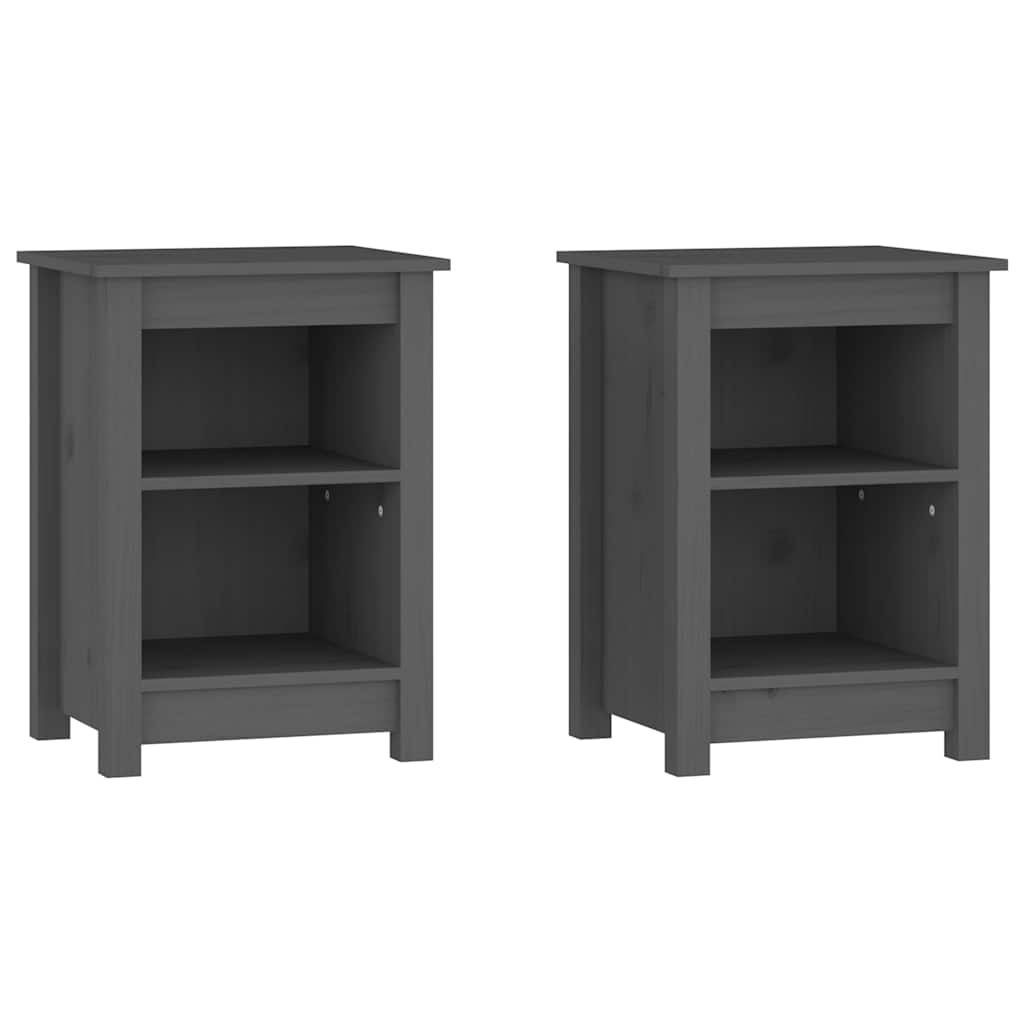 Two grey solid wood pine bedside cabinets shown from the front