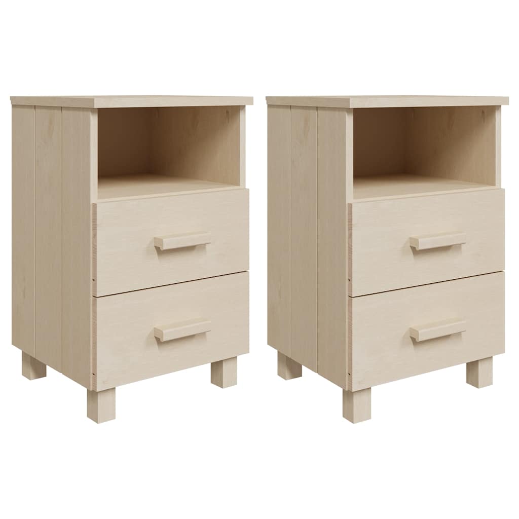 Two honey brown solid wood bedside cabinets side by side