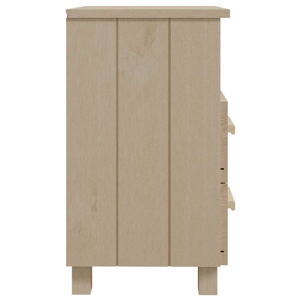 Side view of a honey brown solid wood bedside cabinet showing construction