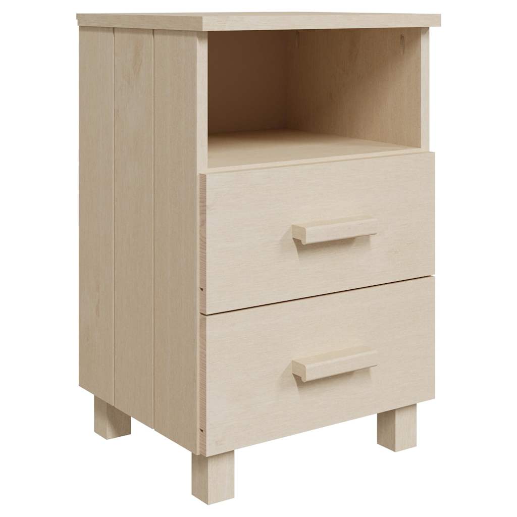 A honey brown solid wood bedside cabinet with two drawers and an open shelf