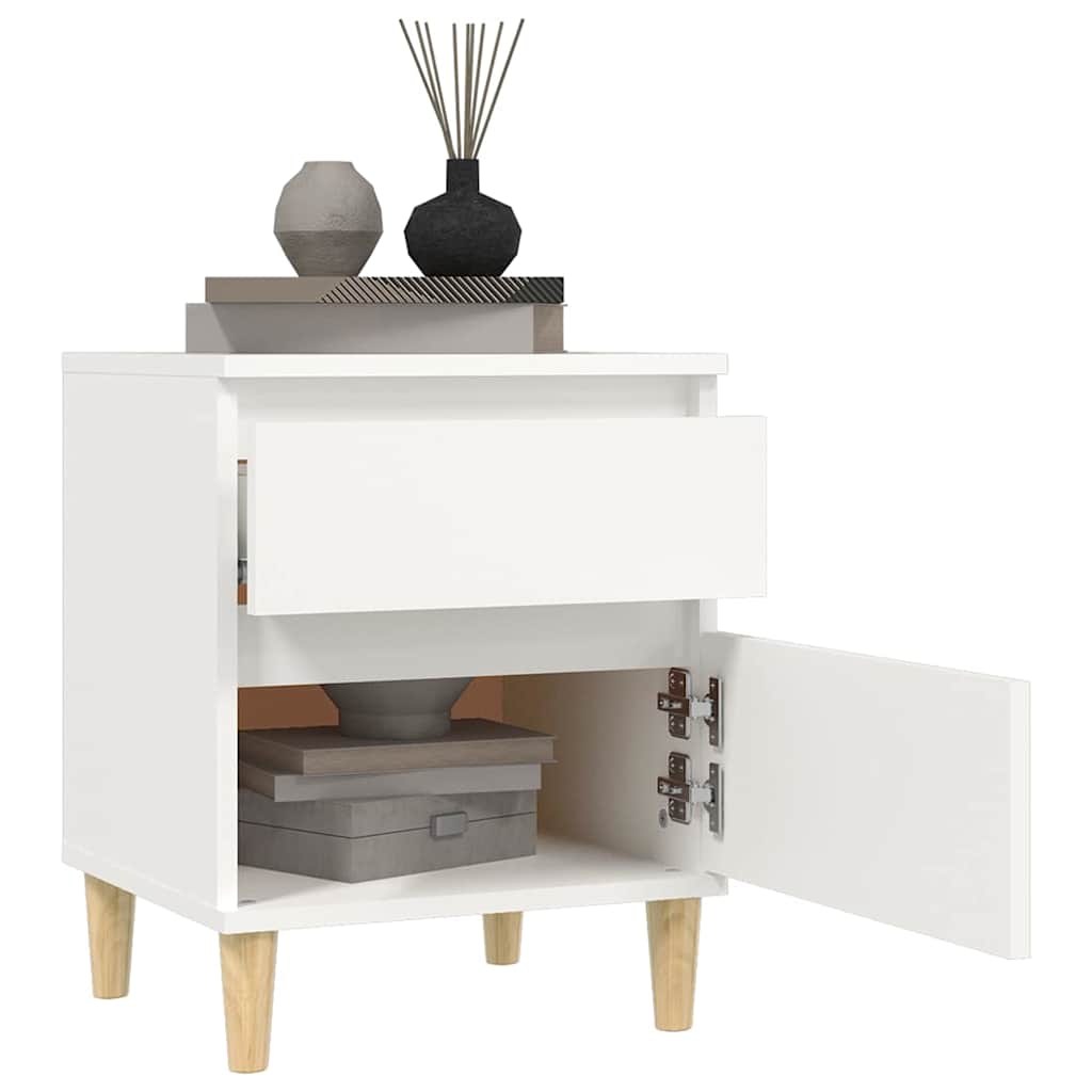 A white bedside cabinet with an open drawer and door, showing storage space