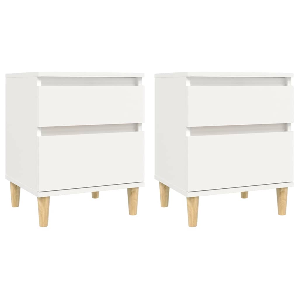 Two white bedside cabinets with wooden legs, shown together