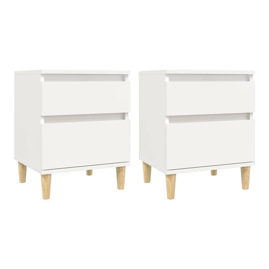 Two white bedside cabinets with wooden legs, shown together