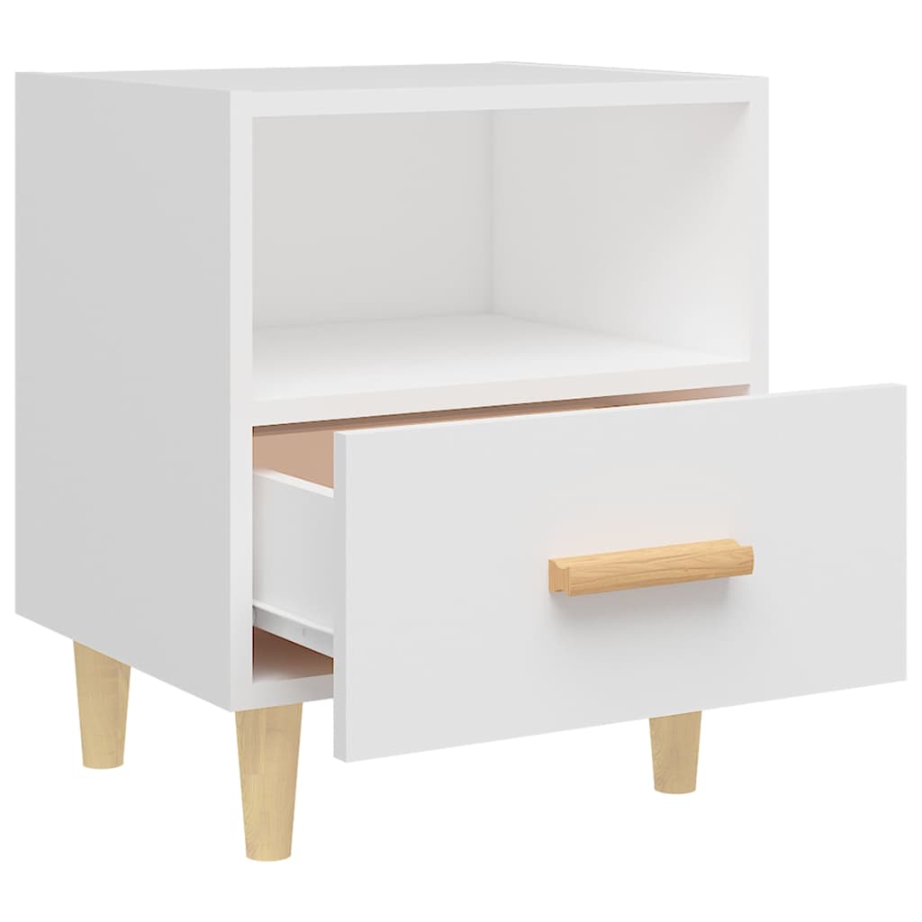 A white bedside table with the drawer pulled out