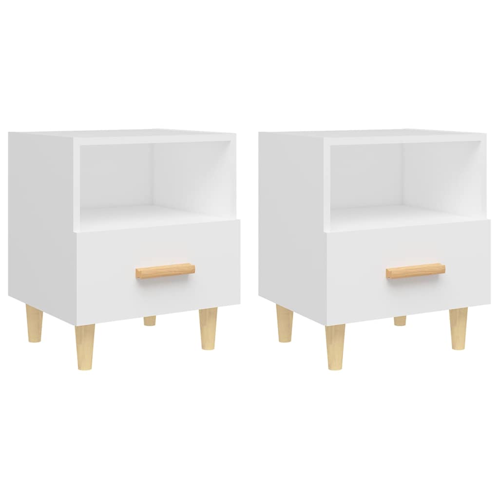 Two white bedside tables with wooden handles and legs