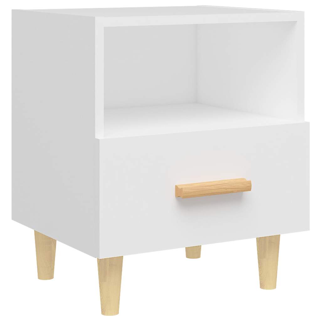 A white bedside table with a wooden handle and legs
