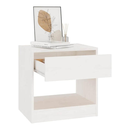 A white solid wood pine bedside cabinet with the drawer open