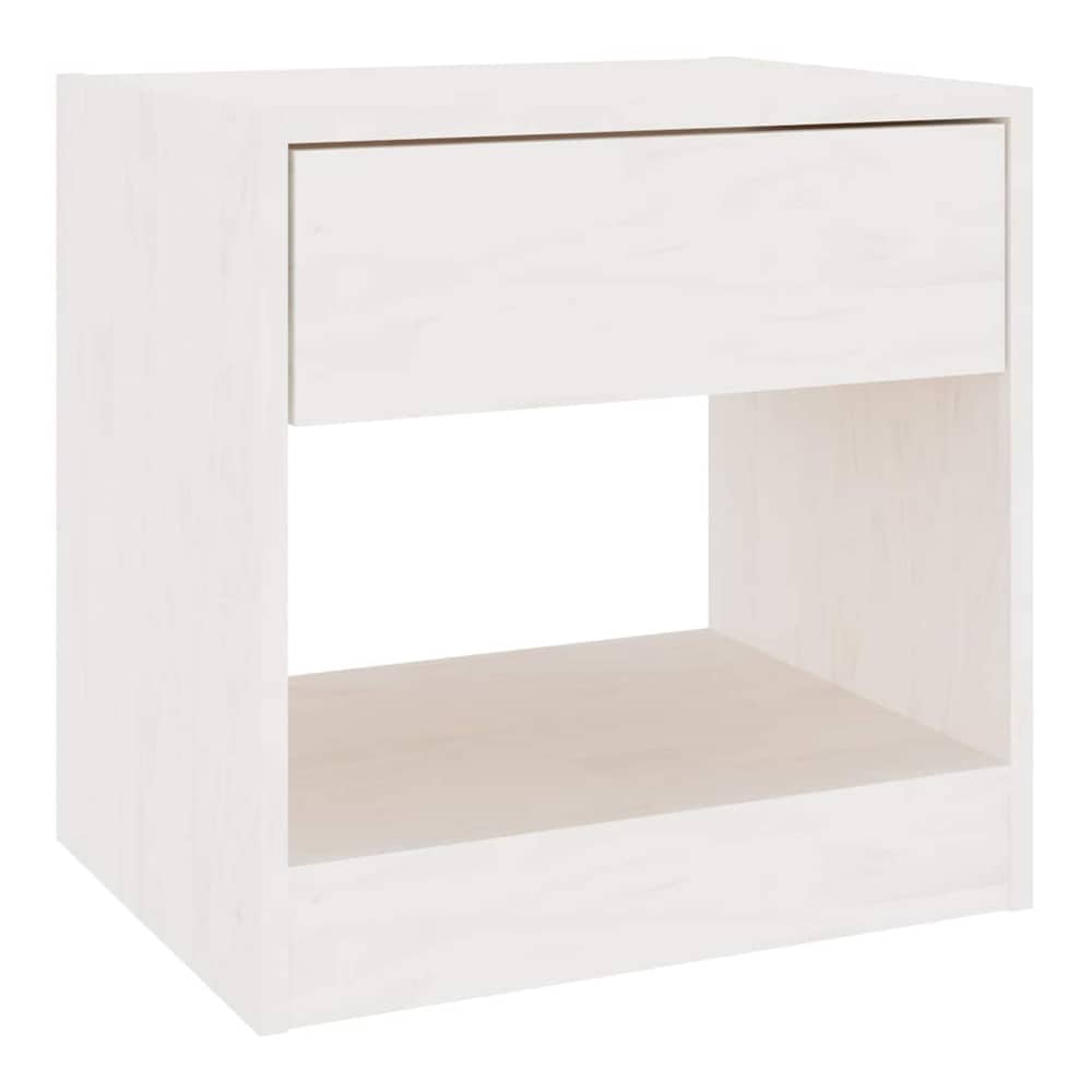A white solid wood pine bedside cabinet with a shelf and drawer