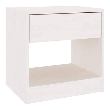 A white solid wood pine bedside cabinet with a shelf and drawer