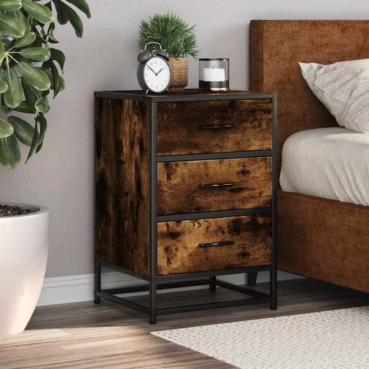 vidaXL Bedside Cabinet Smoked Oak Engineered Wood&Metal in a bedroom setting next to a bed